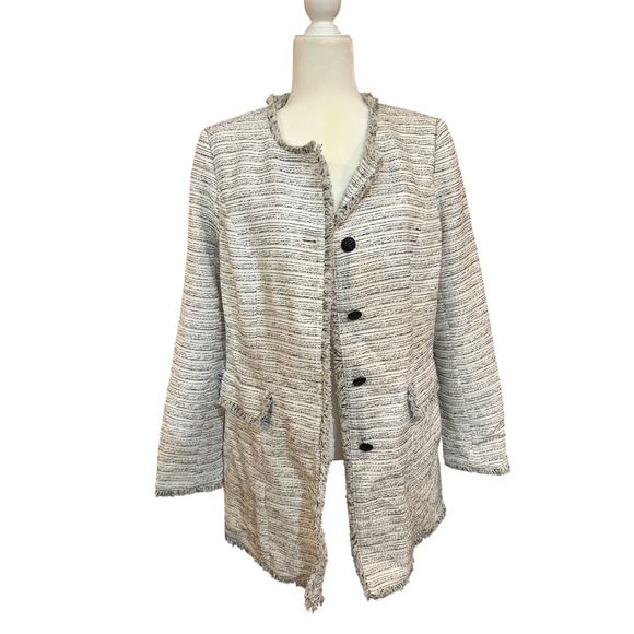 Tweed Jacket Fringed Edges Black Buttons Professional Business Chic Coat - Picture 1 of 10